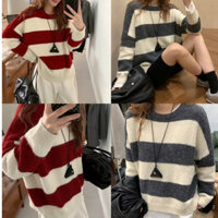 Áo len cổ tròn kẻ sọc ngang DELIZ dài tay màu đỏ mặc tết đi chơi dày dặn