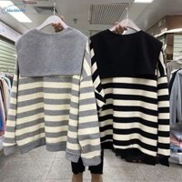 Áo len cổ tròn mỏng Khăn choàng nữ + Áo sọc rộng