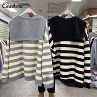 Áo len cổ tròn mỏng Khăn choàng nữ + Áo sọc rộng