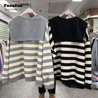 Áo len cổ tròn mỏng Khăn choàng nữ + Áo sọc rộng