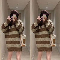 Áo len cổ tròn nữ sọc ngang nâu, áo len phom thụng rộng Hàn Quốc dáng oversize trùm mông basic năng động loại 1 siêu ấm