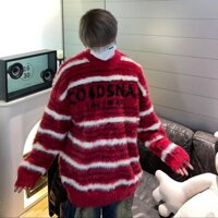 Áo len cổ tròn sọc tương phản màu đỏ cho nam Áo len dệt kim mềm cho cặp đôi lười biếng rộng rãi cổ điển kiểu Mỹ
