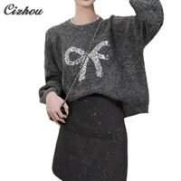 Áo len cổ tròn thiết kế nơ đính cườm: Áo chui đầu tinh tế, nhẹ nhàng thời trang