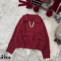 Áo len cổ V đính cườm chất dày dặn