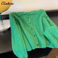 Áo len có ve áo thanh lịch màu xanh lá cây Áo len ngắn nhỏ cao cấp dành cho nữ