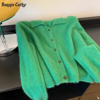Áo len có ve áo thanh lịch màu xanh lá cây Áo len ngắn nhỏ cao cấp dành cho nữ