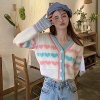 Áo Len crop top hoạ tiết trái tim tay dài