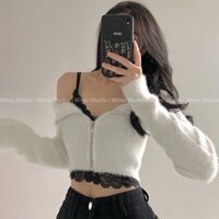 áo len croptop dây kéo màu trắng phối chân váy jean