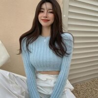 Áo Len Croptop Nữ Dệt Kim Mềm Mại Tay Dài Cổ Tròn Giữ Ấm Duyên Dáng Thời Trang