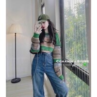 Áo len croptop QC phối sọc ngang dày dặn form rộng