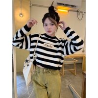 Áo len croptop sọc ngang tay dài dành cho nữ