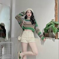 Áo len croptop sọc ngang tay dài bắt mắt cho không khí Noel