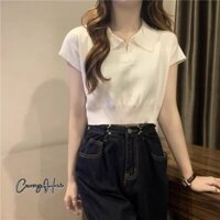 Áo len croptop tay hến, cổ V bẻ