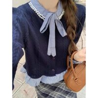 Áo Len Croptop Viền Bèo Giả Sơ Mi Caro Cổ Đính Ngọc Tròn Đính Nơ Ngực Len Vặn Thừng Jo''Store