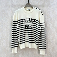 Áo len dài tay Celine Paris Trắng Be kẻ sọc ngang logo ngực phối khuy vai LA [ Hàng QC VIP ]