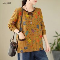 Áo len dài tay cổ tròn KAMAKA phối màu in hoa lá một túi - A443