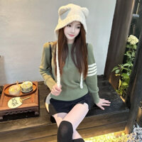 Áo len dài tay màu xanh lá cây cổ tròn dệt kim giảm béo