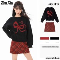 Áo len dài tay nơ Giáng sinh dành cho nữ mùa đông Thiết kế dáng rộng Váy kẻ sọc đỏ Bộ hai mảnh