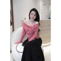 Áo Len Dài Tay Trễ Vai Gắn Hoa Trơn Basic Xinh Xắn Len Tiêu Mỏng QCCC Cao Cấp Freesize