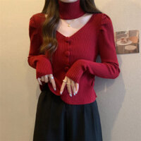 Áo len dài tay Yuewen Áo len đế trong dành cho nữ Áo len cổ chữ v