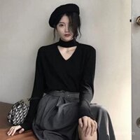 Áo len đan cổ yếm thiết kế mùa thu đông dày ấm cho nữ, áo pullover cổ lọ nửa cổ, áo dài tay khoét rỗng