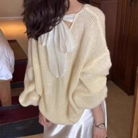 Áo len đan kiểu dáng thời trang Balamy với nơ buộc lưng cho phụ nữ, áo màu vàng mùa xuân