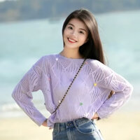 Áo len đan lỗ hình kim cương nút Pháp cho phụ nữ, mùa xuân 2025, áo cardigan dài tay cổ tròn rộng rãi, nhung phù hợp với Guanhuan ZLII ACIK
