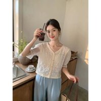 Áo len đan móc thêu cổ V phong cách Hàn Quốc cho phụ nữ mùa hè thiết kế ngắn dáng rộng vừa vặn cho người nhỏ nhắn