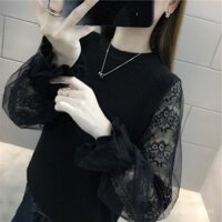 Áo len đan phong cách lười biếng mới cho mùa xuân, áo khoác ngoài cho phụ nữ, áo len phối ren thời trang, áo cơ bản xu hướng cho phụ nữ