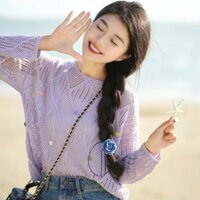 Áo len đan rỗng họa tiết kim cương nút Pháp cho phụ nữ, mùa xuân 2025, áo cardigan dài tay cổ tròn rộng rãi, kiểu dáng kẻ caro Xiwo M1U1