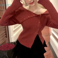 Áo Len Đan Tay Dài Dáng Ôm Cài Khuy Đơn Giản Thanh Lịch Cho Nữ