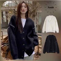 Áo Len dáng dài quảng châu, áo khoác cardigan nữ móc chỉ 2 bên tay màu đen trắng