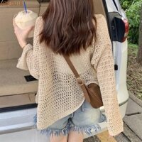 Áo len dệt kim AHMEDUIB, Áo Crop Top móc phía trước dài tay, Móc rỗng sang trọng Phong cách dân tộc Boho Áo sơ mi đi biển nữ mùa xuân hè