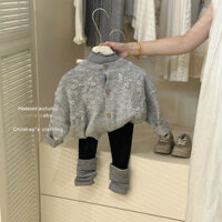 Áo Len Dệt Kim Bé Gái Mùa Thu Phong Cách Phương Tây Trẻ Em Áo Cardigan Hoa Xám Áo Khoác Thời Trang Cho Bé FFLI