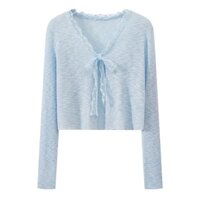 Áo len dệt kim cổ chữ v có ren màu xanh lam dành cho nữ mùa hè 2025 Phong cách mới Ice Silk Khăn choàng ngoài Khăn choàng chống nắng