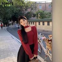 Áo len dệt kim cổ vuông thanh lịch có thiết kế cắt cho nữ