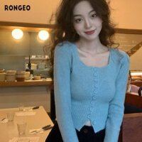 Áo len dệt kim cổ vuông thanh lịch dành cho nữ với thiết kế ngực đơn