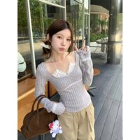 Áo Len Dệt Kim Dài Tay Ôm Body Phối Ren, Áo Len nữ cổ vuông cách điệu cá tính