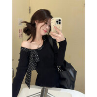 Áo len dệt kim dài tay polo chấm ruy băng mùa thu dành cho nữ