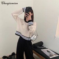 Áo len dệt kim dài tay thêu len nữ áo len cổ tròn mỏng đáy thủy triều