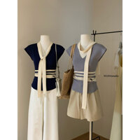 Áo len dệt kim dáng ôm phong cách Hàn Quốc, thiết kế cổ chữ V, cảm giác nhỏ bé, mùa hè mới, thêu ruy băng, cổ màu xanh navy 0OTR