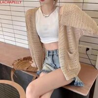 Áo len dệt kim LACHAPELLY, Áo Crop Top dài tay mở phía trước, Móc rỗng ấm cúng Phong cách dân tộc Boho Áo sơ mi đi biển nữ mùa xuân hè