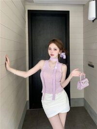 Áo len dệt kim lụa băng màu tím khăn quàng cổ nữ ruy băng áo dáng ôm ngọt ngào