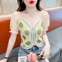 Áo len dệt kim Lụa băng tay phồng Áo thun ngắn tay mùa hè mẫu mới nữ mặc áo mỏng khoét rỗng tôn dáng 4.2