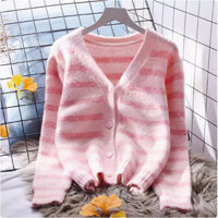 Áo len dệt kim mẫu ngắn cổ chữ V sọc hồng cardigan Áo khoÁc len kiểu Nhật mẫu mới mùa thu mặc ngoài rộng rãi cho nữ