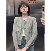 Áo len dệt kim màu xám Áo khoác nữ dài tay mẫu mới mùa xuân thu Áo Cardigan