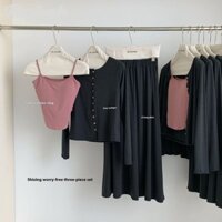 Áo len dệt kim màu xám đậm mùa xuân thu dành cho nữ + có đệm ngực Sling + Váy dài lưng cao Bộ đồ ba mảnh