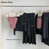 Áo len dệt kim màu xám đậm mùa xuân thu dành cho nữ + có đệm ngực Sling + Váy dài lưng cao Bộ đồ ba mảnh