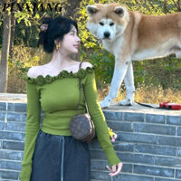 Áo len dệt kim màu xanh lá cây một vai cổ điển màu xanh lá cây có nắp bên trong