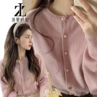 Áo len dệt kim mềm mại màu hồng Áo len cổ tròn Áo khoác ngắn